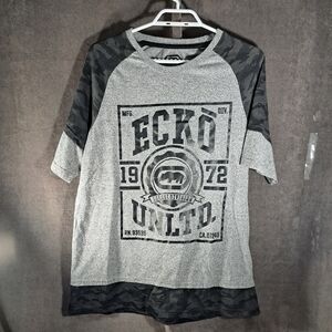 Ecko Unltd. Heather Grey Light Knit with Black Camo Logo Graphic Tee VG XL